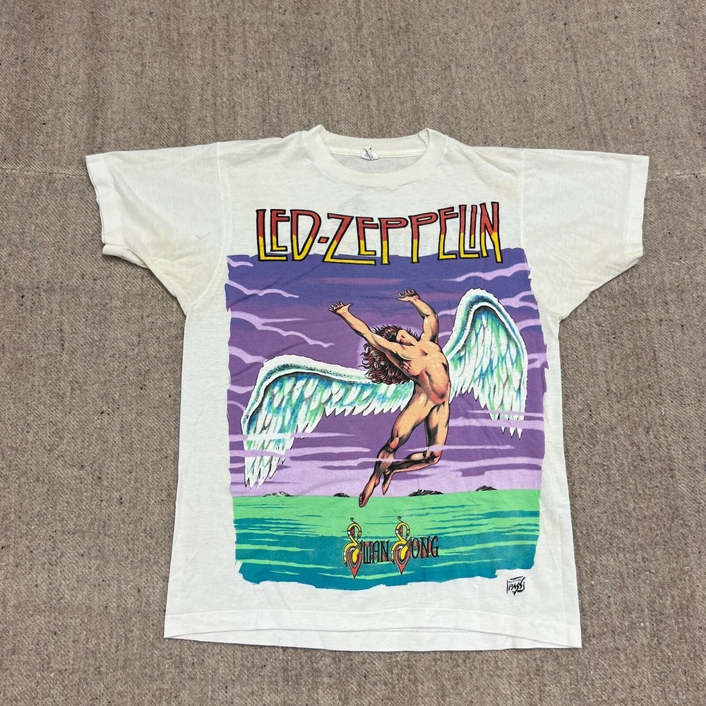 Vintage Led Zeppelin Shirt Mens Medium White 1980s Swan Song - Picture 1 of 10
